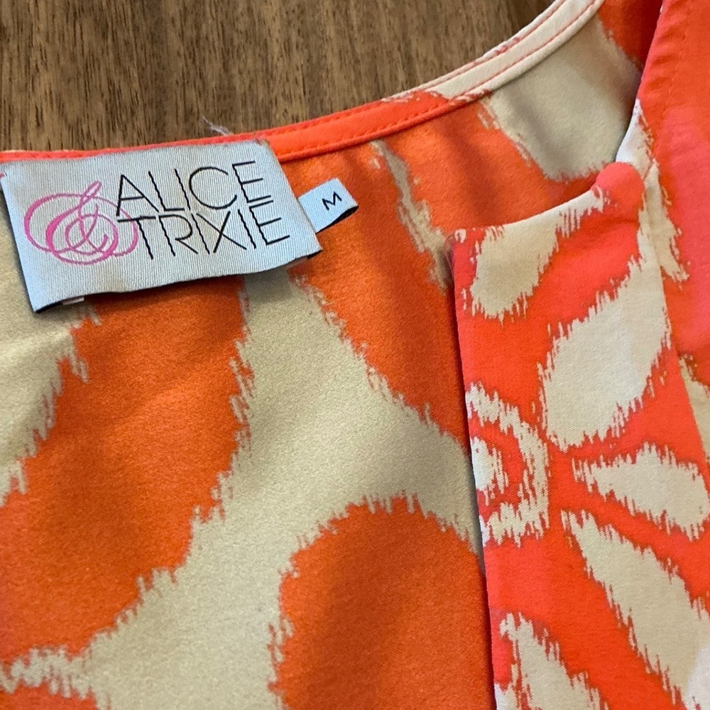 Alice & Trixie Silk Tunic Dress Medium Coral Orange Bell Sleeve Ikat Cover Up - Picture 4 of 15